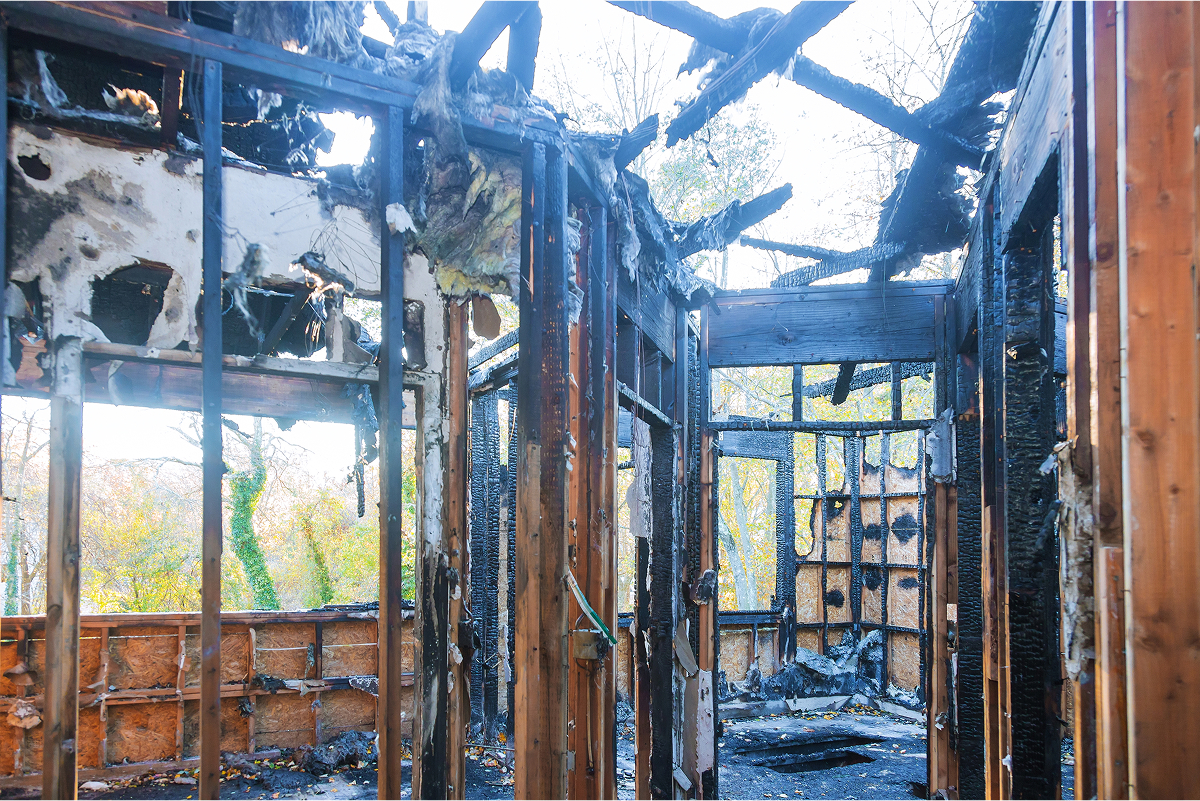 The inside of a burned-out house