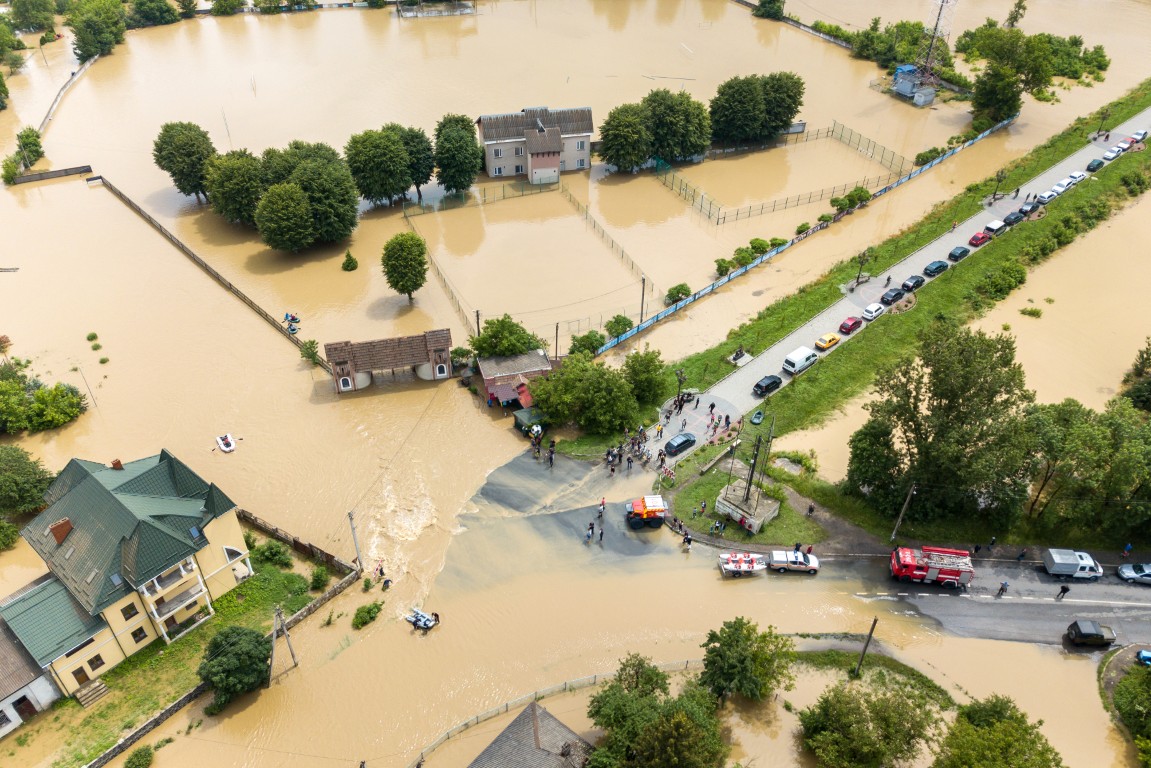 Aerial view of a flooded area
