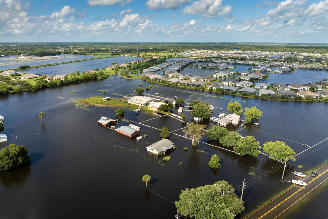 Aerial view of a community affected by flood