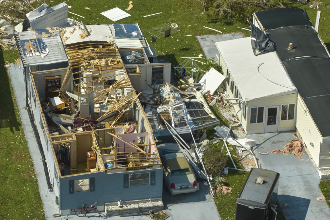 Aerial view of a building damaged by a storm