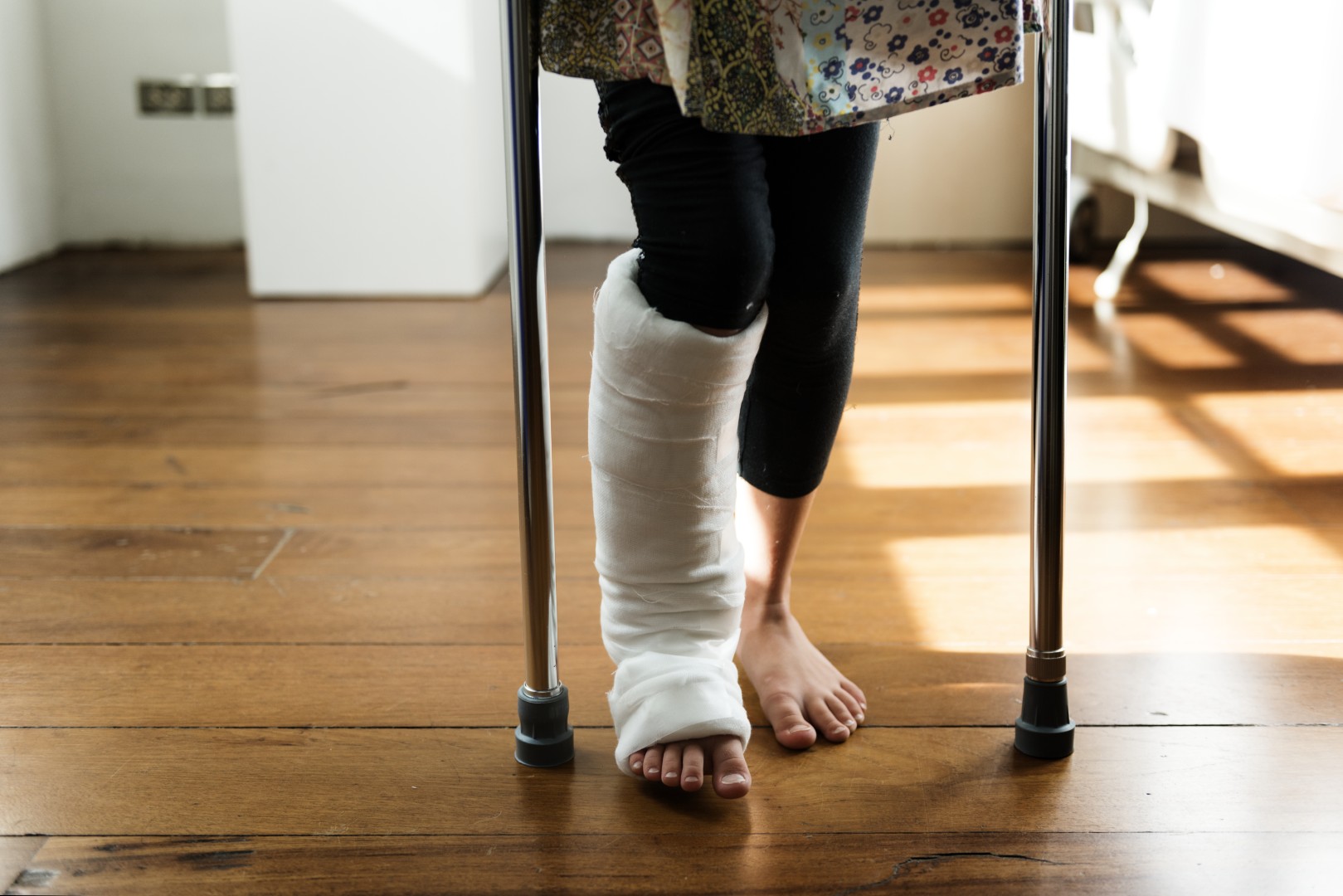 A woman on crutches